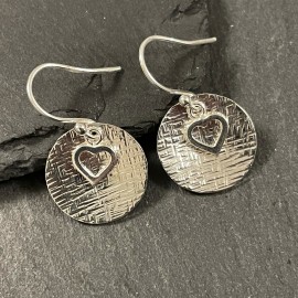 Sterling Silver Textured Domed Disc & Heart Earrings